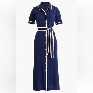 J.Crew Kaya Tipped Midi in Navy Belted Merino Wool Sweater Shirt Dress